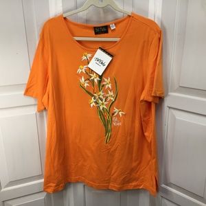 Bob Mackie Wearable Art Orange Floral Embroidered Tee